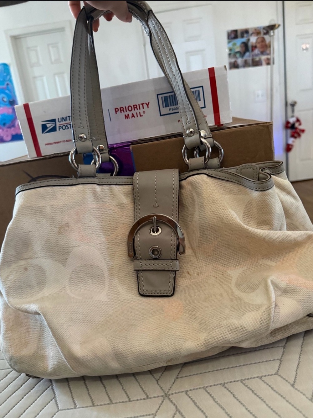 Coach Neutral Canvas Tote Bag with Taupe Leather Trim